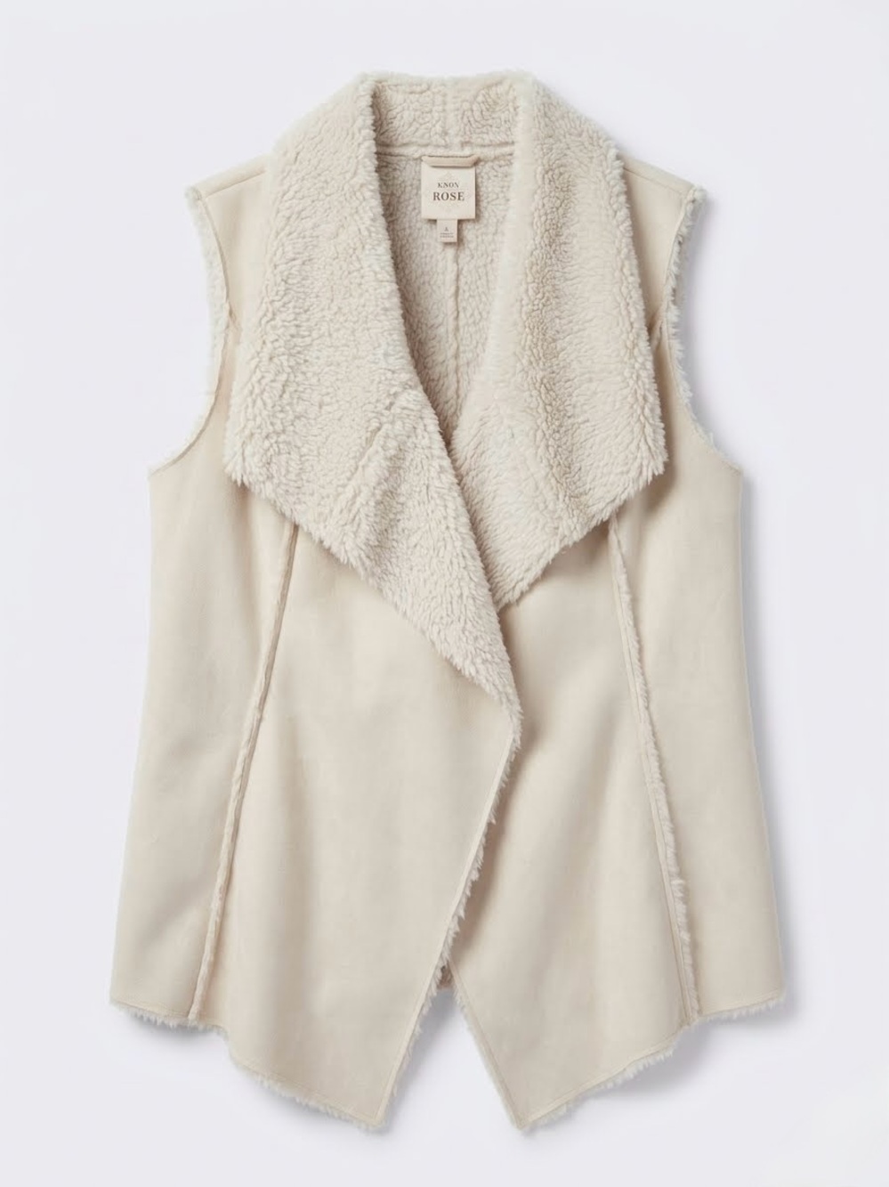 Knox Rose Boho Western Faux Suede Sherpa Vest Cream Ivory Waterfall Open Front L